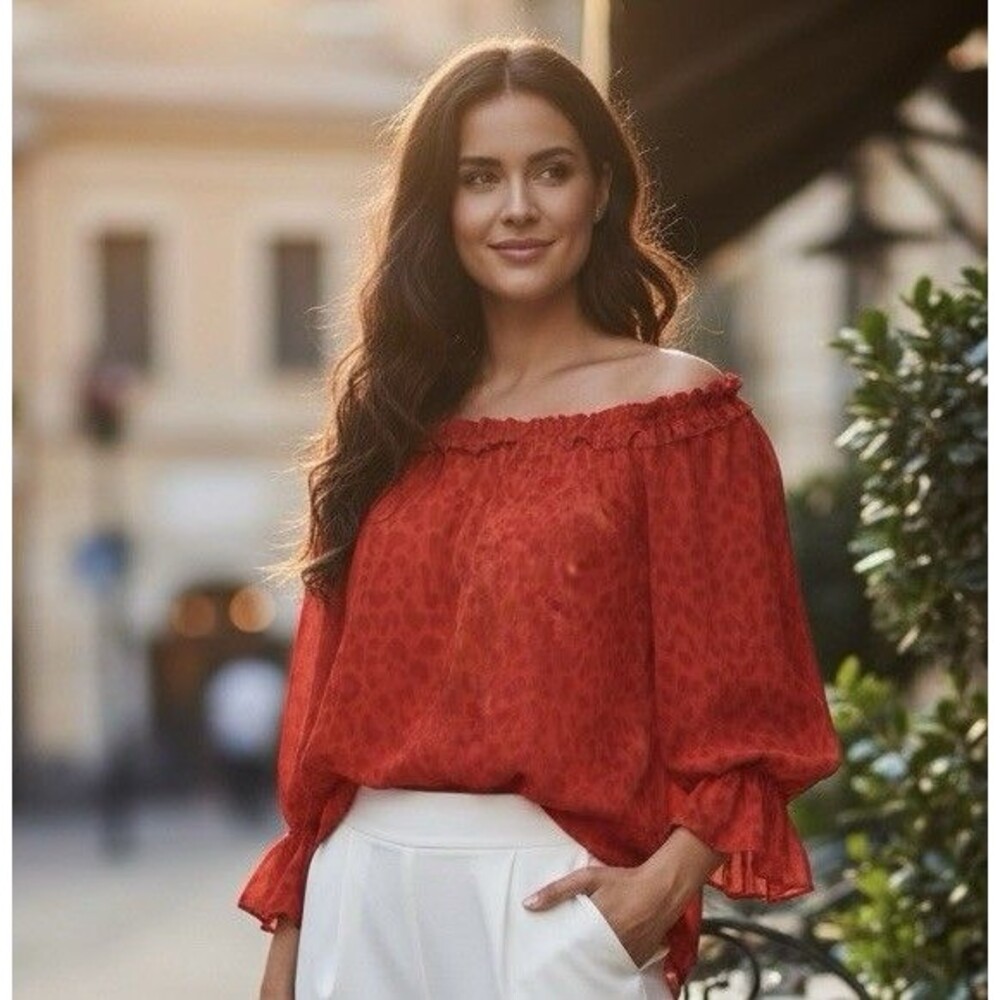 INC International Concepts Red/Orange  Off the  Shoulder Ruffle Blouse - Size 1X